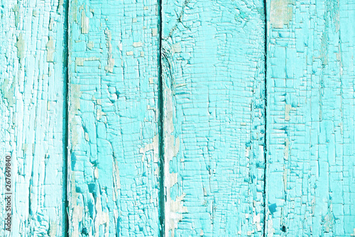 The background and texture of the painted blue boards with old and cracked paint...