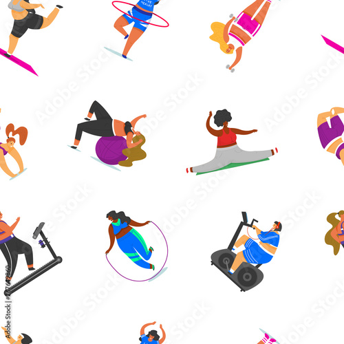 Fitness girls Plus Size seamless pattern. Health sport in club. Fat Woman doing exercises, loses weight, running on the simulator, warming up. Training pose in yoga classes, Cute female for background