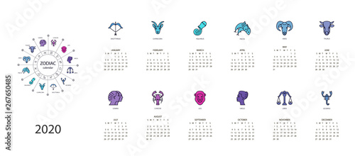 Calendar 2020 with horoscope signs zodiac symbols set