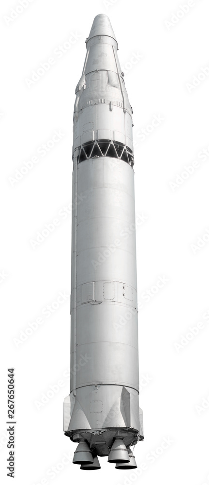 nuclear intercontinental ballistic missile from cold war era isolated on white background vertical side view of silver painted ground to space rocket vehicle with massive atom warhead design reference - obrazy, fototapety, plakaty 