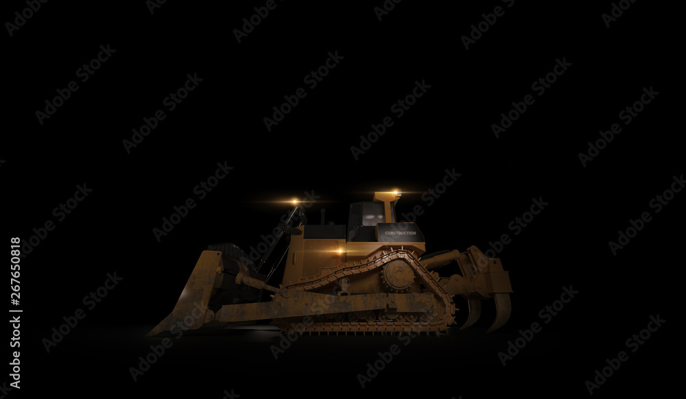 Heavy excavator with shovel standing on dark background. Low angle. 3d render