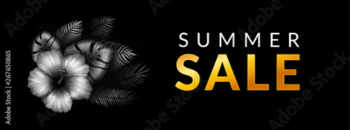 Summer sale banner with tropical leaves, hibiscus flower background. Dark floral design template for banner, header, invitation, poster, web design. Vector summer illustration.