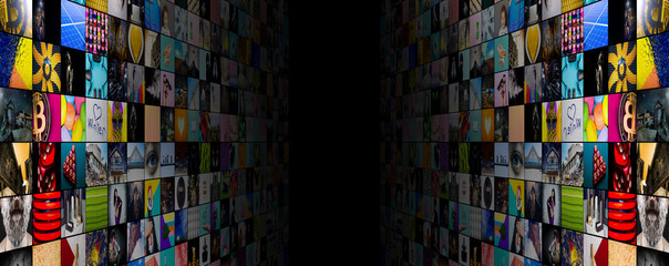 Web streaming media TV video technology and multimedia business internet communication concept: background with endless walls of screens with color photos and colorful displays with different