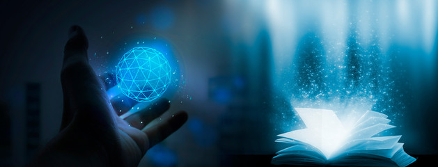 Abstract blue background with neon lights. Polygonal ball shine in your hand and an open book with a magical light.