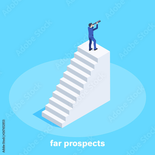 isometric vector image on a blue background, a man in a business suit with a spyglass stands on a high platform with steps, far prospects for business