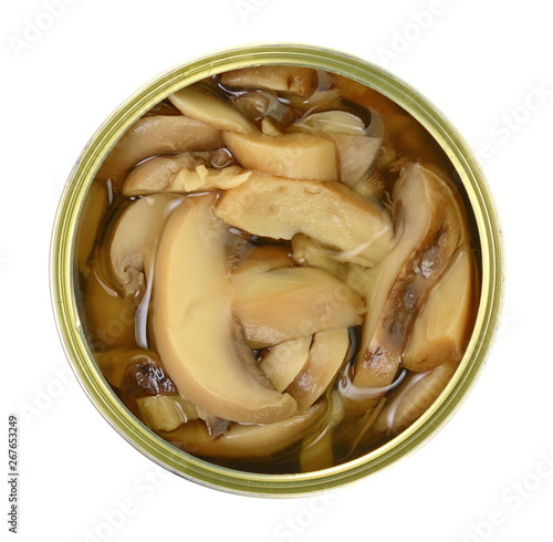 Canned Mushroom Slices and Pieces in Can Isolated on White with a Clipping Path.