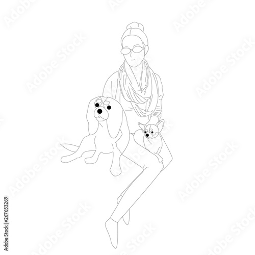 Beautiful hand drawn flat style girl with sunglasses is petting two small dogs. Isolated on white background. Stock vector illustration..