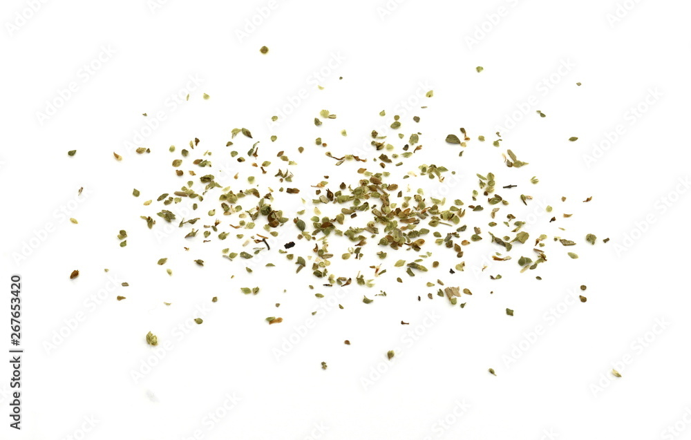 Pile of dried oregano isolated on white. Pile of dried oregano leaves on a white background. Spice for pizza. Pizza ingredient. Pile of dried oregano isolated on white. Pile of dried oregano leaves on a white background. Spice for pizza. Pizza ingredient.