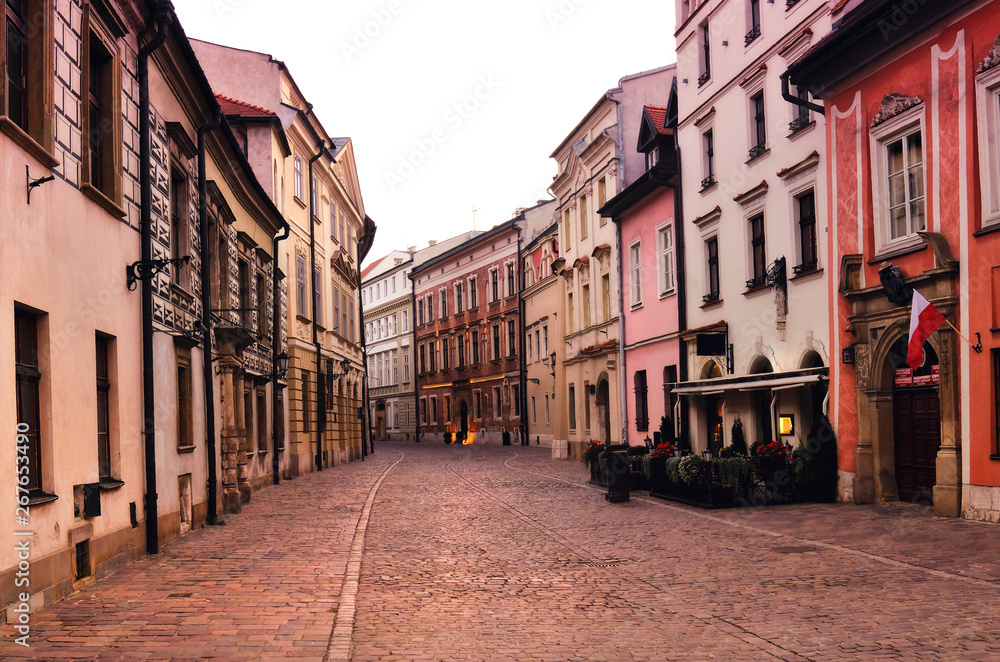 Traditional medieval houses at dawn in Krakow