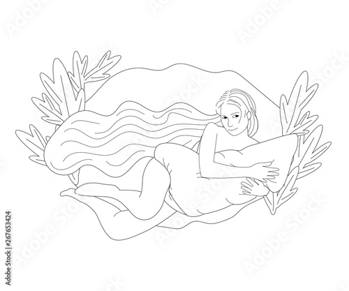 Beautiful hand drawn flat style girl with long hair is lying holding big pillow, naked legs, playful pose. Isolated on white background. Stock vector illustration.