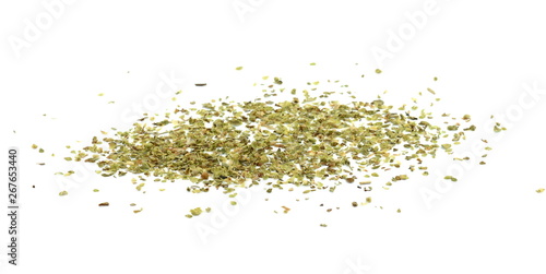 Pile of dried oregano isolated on white. Pile of dried oregano leaves on a white background. Spice for pizza. Pizza ingredient.