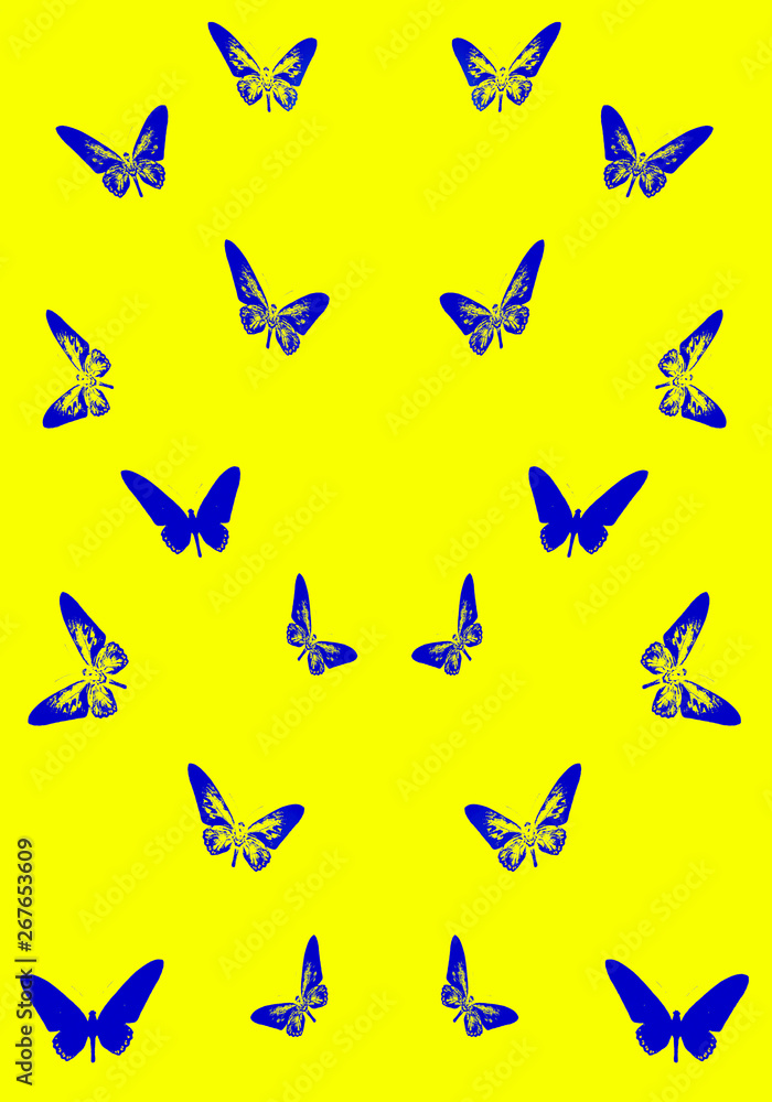 Fototapeta premium Blue color stylized butterflies silhouettes pattern on yellow background.