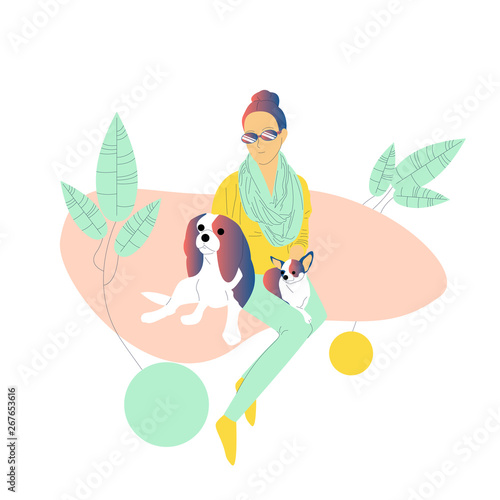 Beautiful hand drawn flat style girl with sunglasses is petting two small dogs. Isolated on white background. Stock vector illustration..