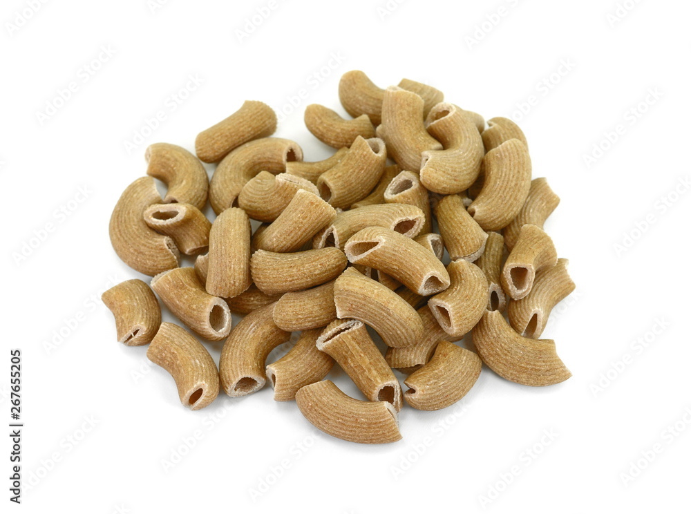 Fototapeta premium Rustic rigatoni pasta isolated on white background. Maccheroni integrals pasta. Wholemeal Pasta. Close-up on a Integral Penne.