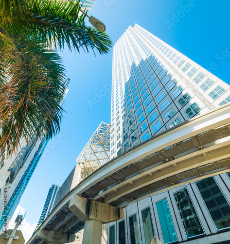 Skyscrapers and monorail in downtown Miami on a clear day