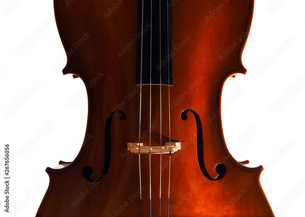 Cello closeup in dramatic light on white background Cello closeup in dramatic light on white background