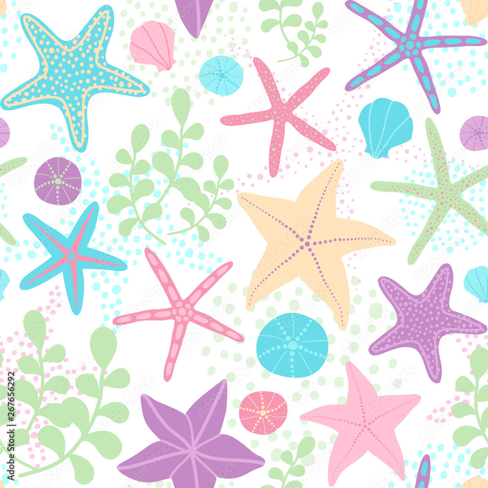 Seamless vector pattern with starfish, seashells and water plants.