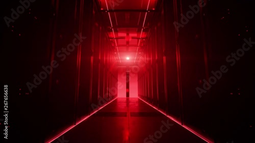 Camera moving along the corridor in data center with server equipment, the lights turning off until total darkness, then red light suddenly lights up in danger. Photorealistic 3D render animation.