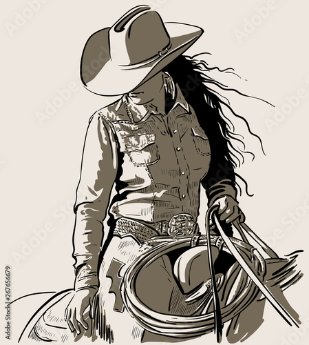 Woman with a cowboy hat. Cowboy girl riding horse with lasso. Hand drawn vector illustration. Illustration. Vector. photo