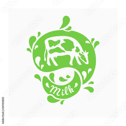 Symbol for dairy company with drops and splashes of milk. Green logo for organic drink. Sign with cow for natural farmers product. Label for bio lactic beverage. Vector illustration with farm animal.