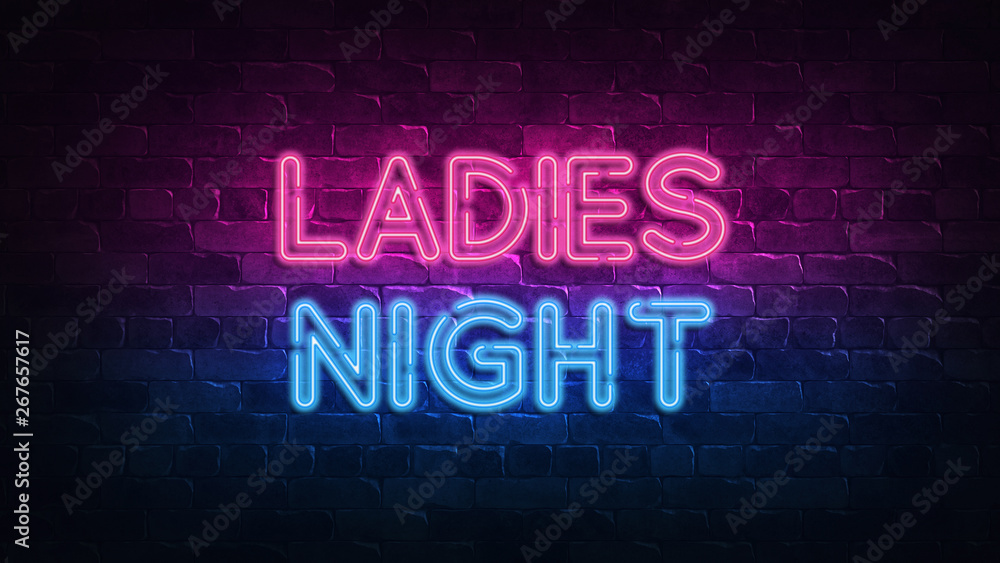 ladies night neon sign. purple and blue glow. neon text. Brick wall lit by neon lamps. Night lighting on the wall. 3d illustration. Trendy Design. light banner, bright advertisement ladies night neon sign. purple and blue glow. neon text. Brick wall lit by neon lamps. Night lighting on the wall. 3d illustration. Trendy Design. light banner, bright advertisement