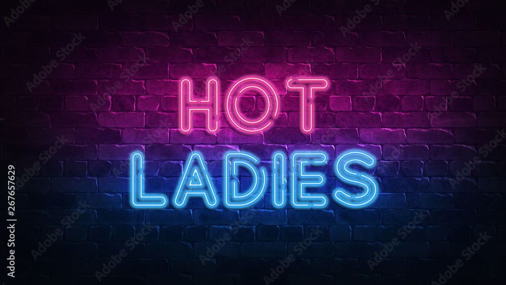 hot ladies neon sign. purple and blue glow. neon text. Brick wall lit by neon lamps. Night lighting on the wall. 3d illustration. Trendy Design. light banner, bright advertisement