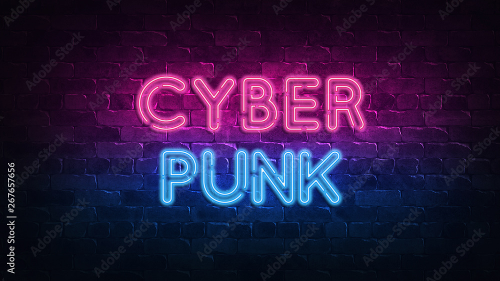 cyberpunk neon sign. purple and blue glow. neon text. Brick wall lit by neon lamps. Night lighting on the wall. 3d illustration. Trendy Design. light banner, bright advertisement