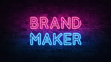 brandmaker neon sign. purple and blue glow. neon text. Brick wall lit by neon lamps. Night lighting on the wall. 3d illustration. Trendy Design. light banner, bright advertisement