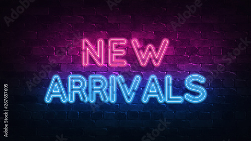new arrivals neon sign. purple and blue glow. neon text. Brick wall lit by neon lamps. Night lighting on the wall. 3d illustration. Trendy Design. light banner, bright advertisement