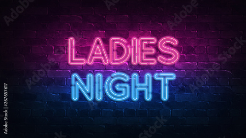 ladies night neon sign. purple and blue glow. neon text. Brick wall lit by neon lamps. Night lighting on the wall. 3d illustration. Trendy Design. light banner, bright advertisement