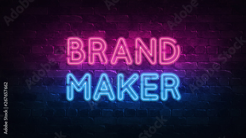 brandmaker neon sign. purple and blue glow. neon text. Brick wall lit by neon lamps. Night lighting on the wall. 3d illustration. Trendy Design. light banner, bright advertisement