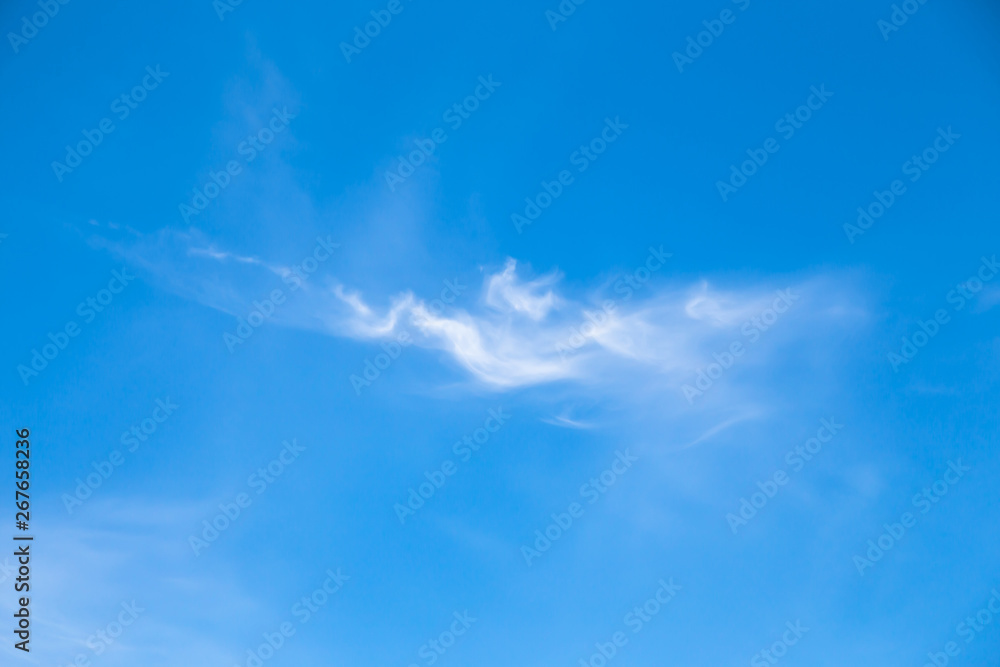 Cloudscape. Blue sky background with white clear clouds. One small translucent pinnate cloud of interesting shape. In the center of the image. Cloudscape. Blue sky background with white clear clouds. One small translucent pinnate cloud of interesting shape. In the center of the image.