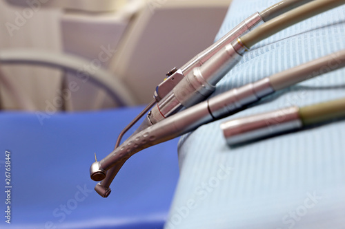 Dental equipment close up. Drills and other tools in a dentist office, dentistry concept
