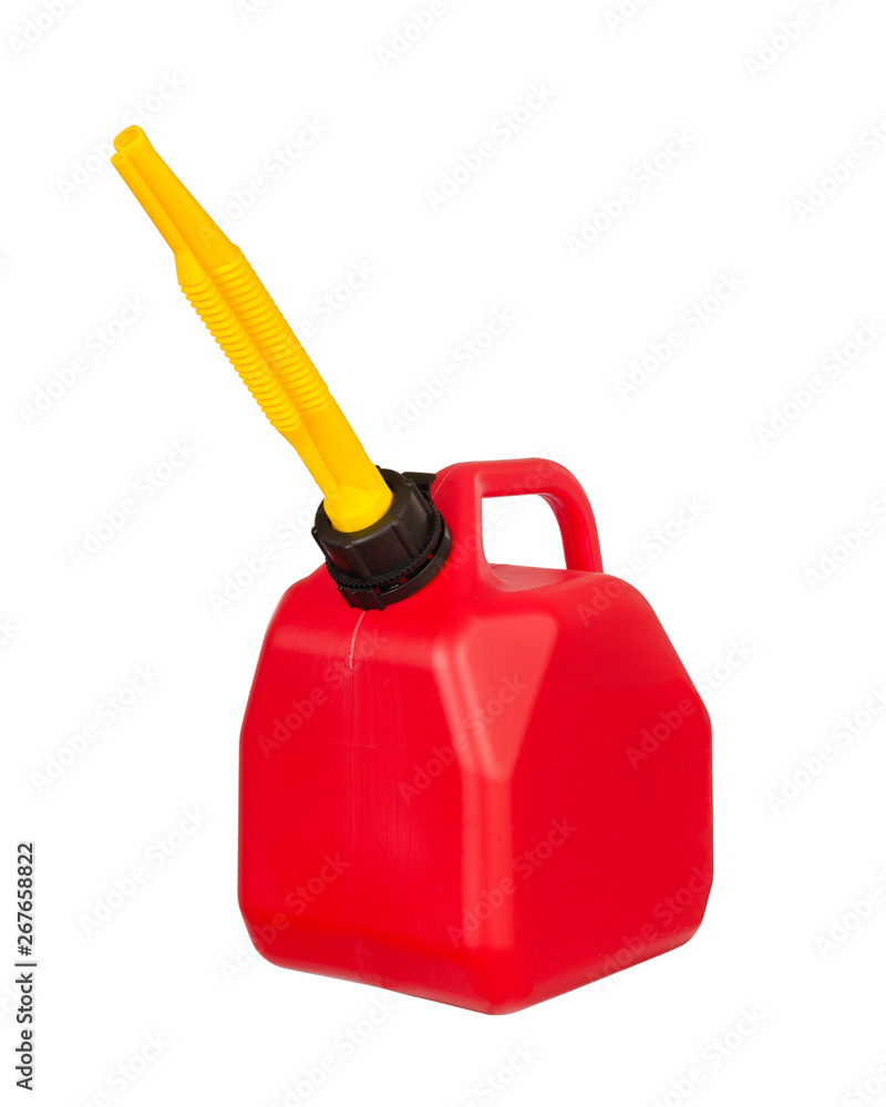Fototapeta premium Red fuel or petrol container with yellow spout isolated on white.