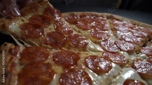 Pizza Pepperoni. Delicious, tasty, stinging, italian. Stretching cheese. 50 fps