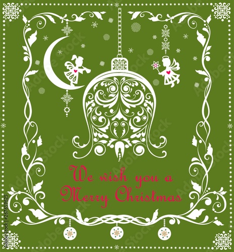 Ornate vintage Christmas greeting green card with floral paper cut out border and craft xmas hanging bell and decoration with little angels
