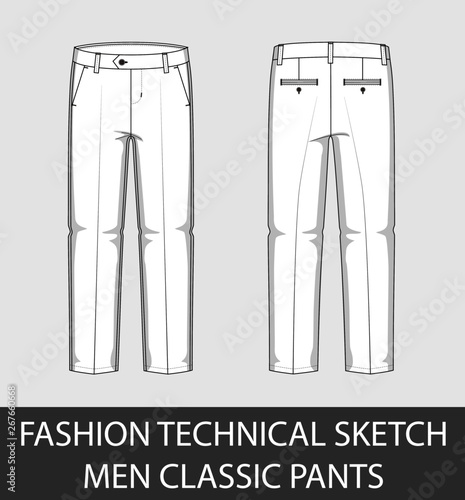 Fashion technical sketch men classic pants in vector graphic