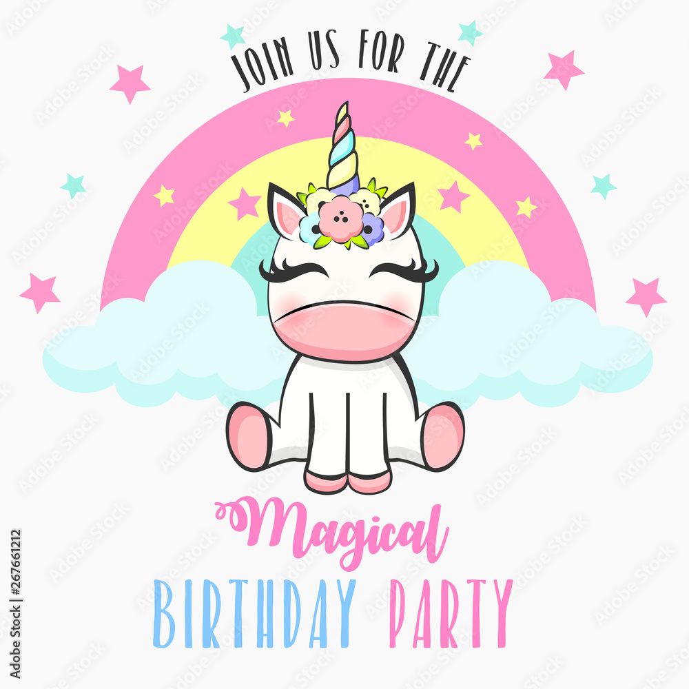 Fototapeta Birthday party invitation with baby unicorn