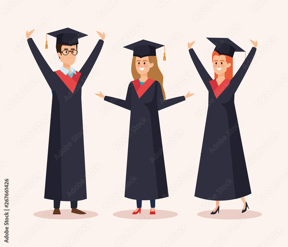 happy women and man graduation with rope and cap happy women and man graduation with rope and cap