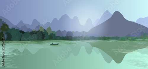 Panoramic abstract landscape with mountains, forest and water (river, lake). On the water a small boat with a silhouette of a man. Poster, billboard, vector illustration.