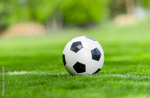 soccer ball on a green lawn close up © Augustas Cetkauskas