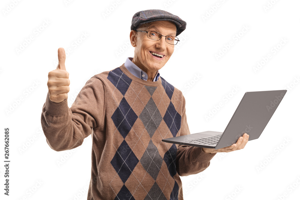 Elderly man holding a laptop computer and showing thumbs up Elderly man holding a laptop computer and showing thumbs up