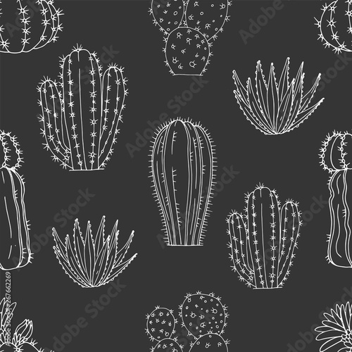 Seamless vector pattern of elements with hand drawn cacti and succulents on a chalkboard background.