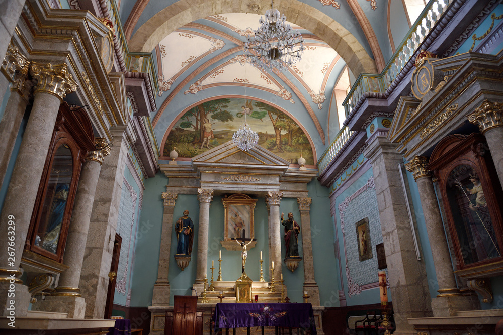 Interior of the Baroque Catholic church of San Sebastian Jalisco Mexico
