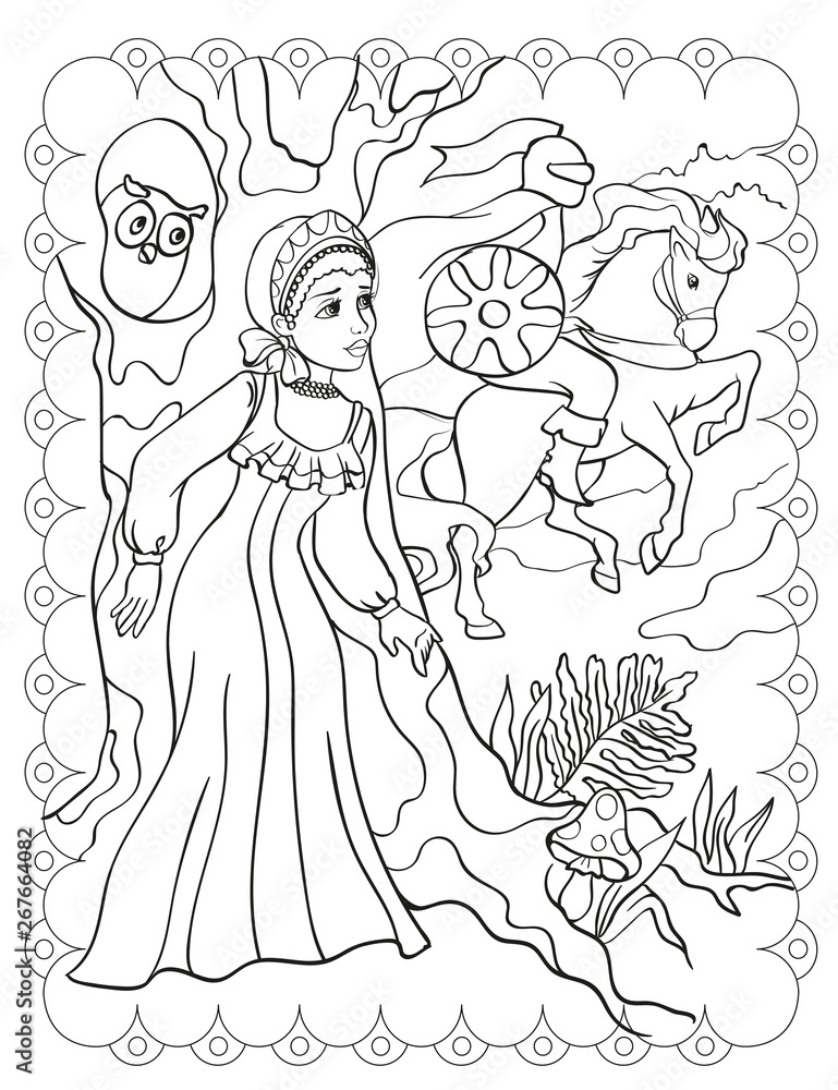 Fototapeta Coloring Book Of Beautiful Girl And Knight On Horse