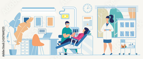 Dentist Cabinet Interior Illustration Woman Patient on Chair Man Doctor Treat Teeth. Using Tools Female Assistant Standing Holding Medical Card Orthodontic. Service Consultation Medical Diagnosis