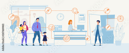 Vector Family in Hospital Doctor and Nurse Receptionist at Register. Desk Greeting Welcoming Patients Coming for Consultation Illustration Medicine and Healthcare Advertising Flat Banner Template