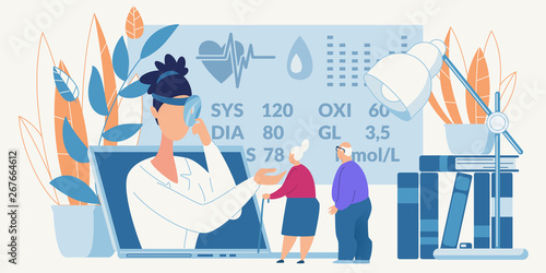 Online Medicine Healthcare Old People Advertising Flat Medical Service Banner Couple of Pensioners Aged Wife Husband Receiving Doctor Consultation Internet Vector Illustration Telemedicine Promotion