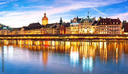 Luzern Kapelbrucke and riverfront architecture famous Swiss landmarks panoramic view
