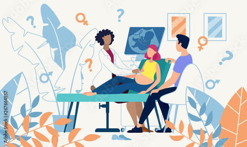 Ultrasound Cabinet Examination Pregnant Woman Sex Determination. Vector Flat Illustration Married Couple Medical Clinic Female Doctor Use Device Scanning Womans Abdomen Embryo Baby Health Diagnostic